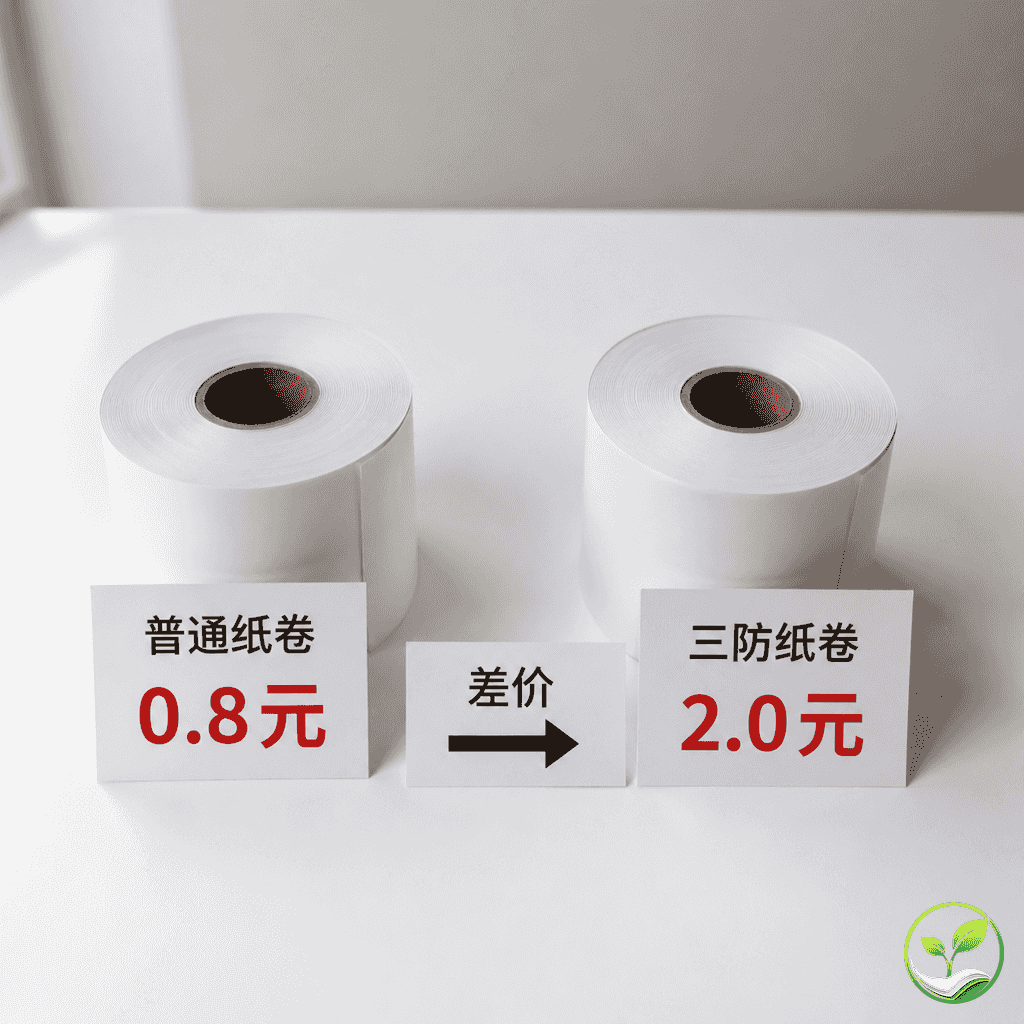 57×50规格普通热敏纸卷和三防热敏纸卷并排展示，旁边有价格标签示意差价