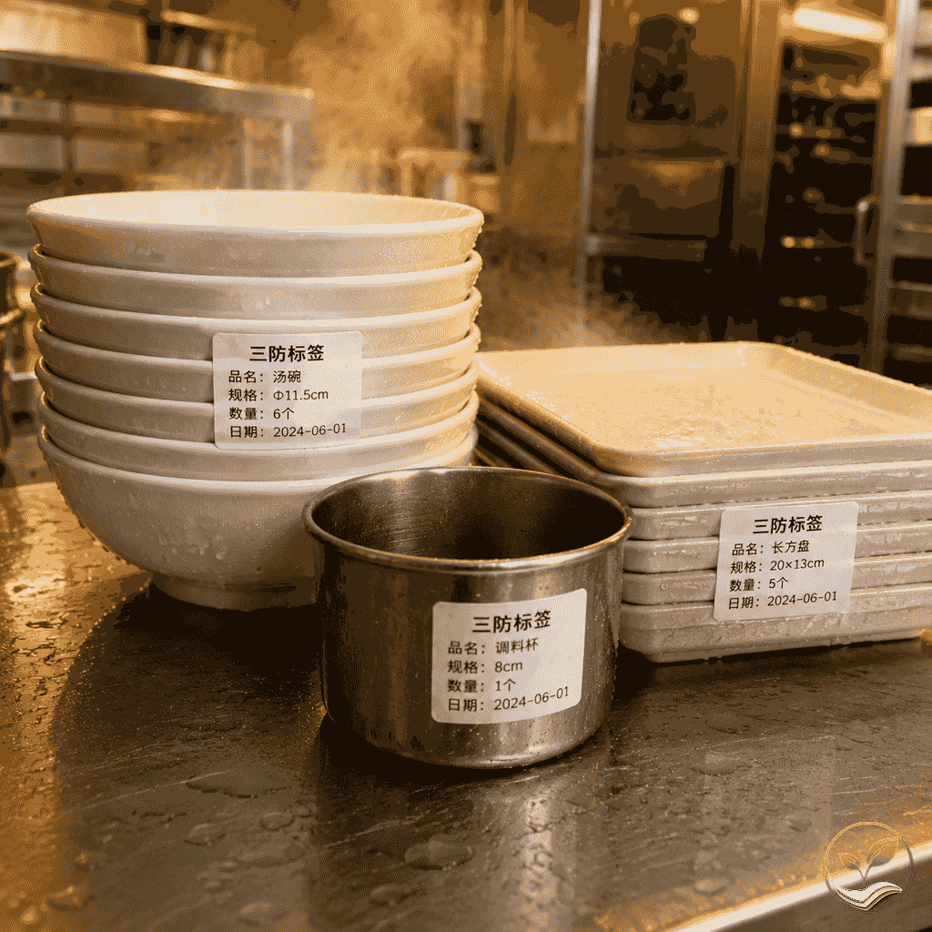 餐饮后厨环境中三防热敏纸标签贴在餐具上,字迹清晰,周围有油蒸汽模拟效果