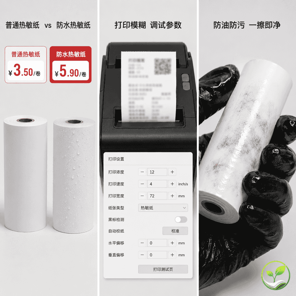 三格画面展示常见错误：只看单价、打印模糊、油污手套，体现采购中容易踩的坑