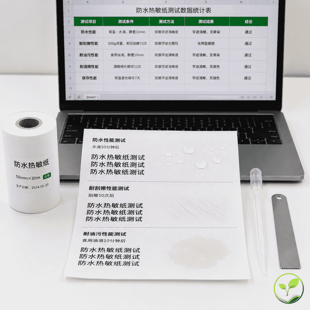 测试台上摆放松弛的热敏纸、滴管、刮擦工具、笔记本电脑显示数据表格，体现测试流程