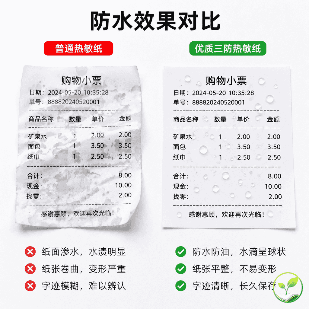 对比展示普通热敏纸和三防热敏纸经水滴浸泡后的差异